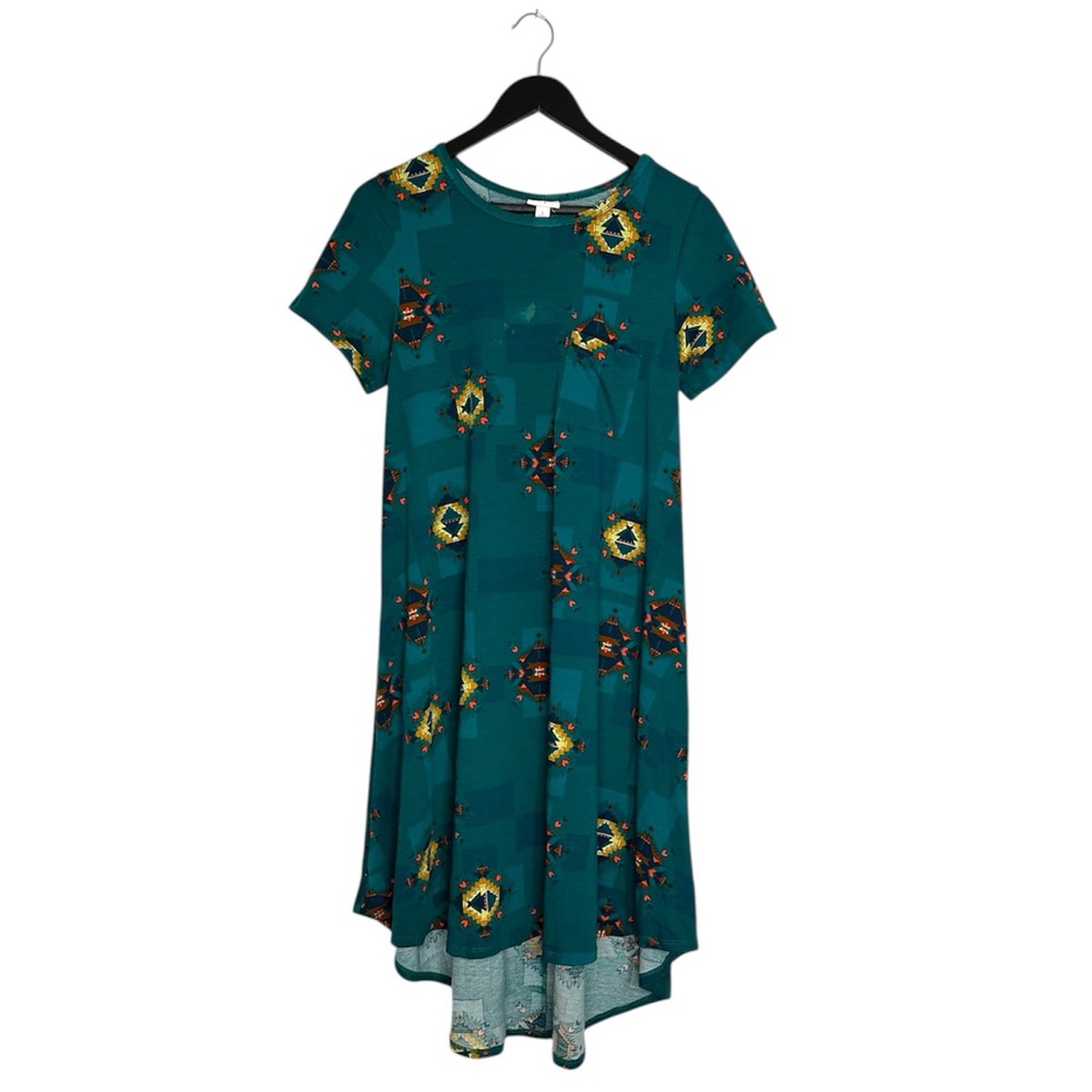 LuLaRoe Carly Teal Geometric Hi-Low Swing Dress Pocket Small SEE NOTES
